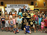 Bruins mascot Blades visits Needham Library