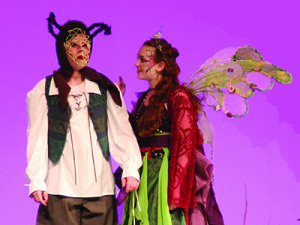 (L to R) Brice Sinnett playing Nick Bottom; Kate Davignon playing Titania.