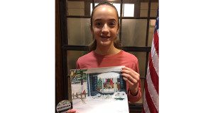 Caroline Pollan displays her winning painting.