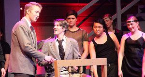 The courtroom scene. Jack Bowen as Amos, Ben Hodson walker as Billy.